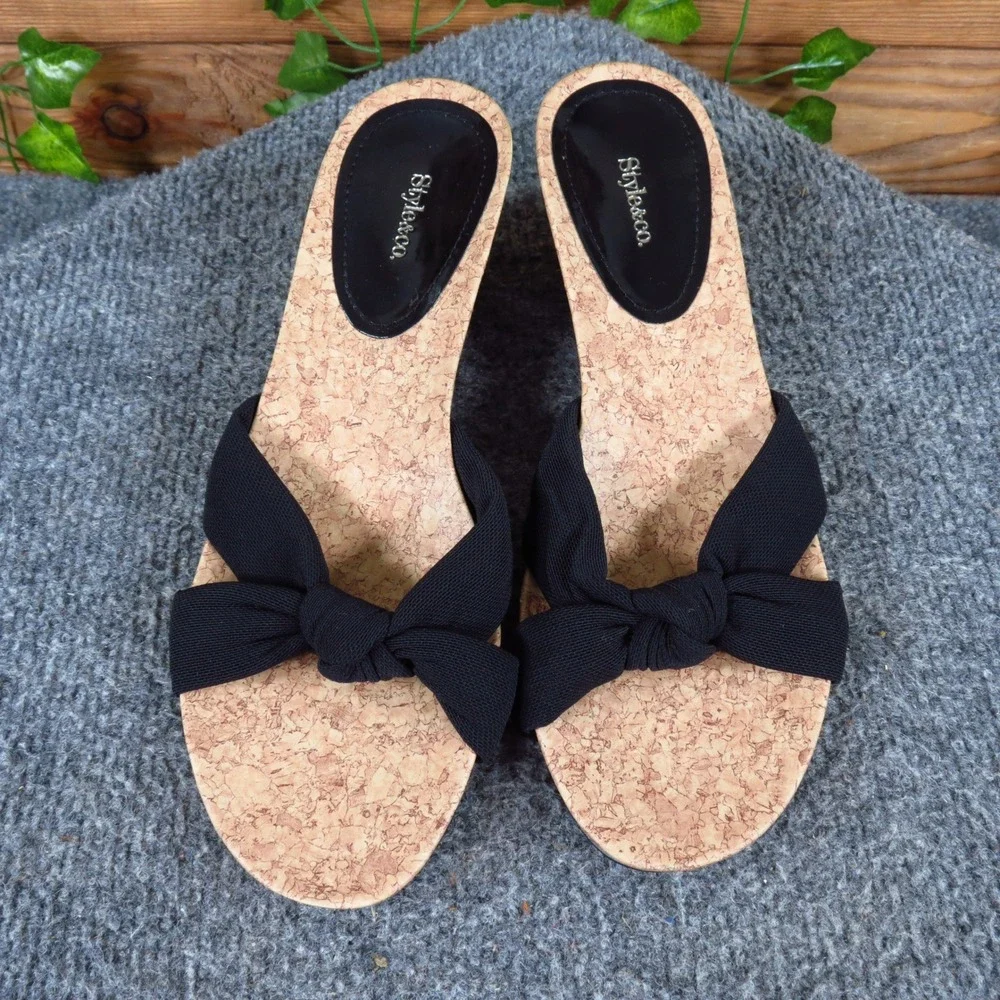 Style & Co Alice Women Wedge Sandals Size 7M Summer Dressy Black Textile Cork